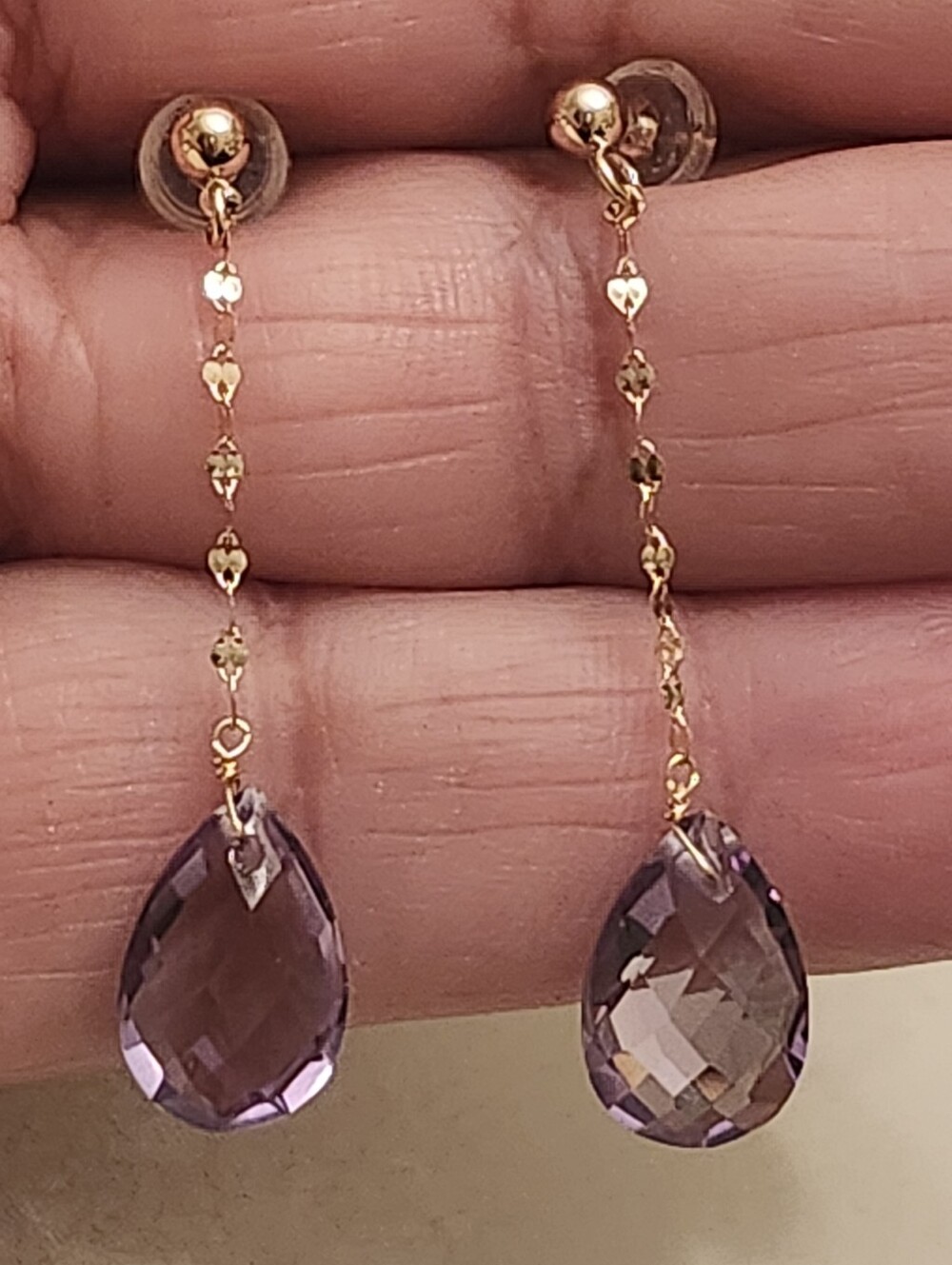 14kt  Solid Yellow Gold Semiprecious Amethyst Drop Earrings